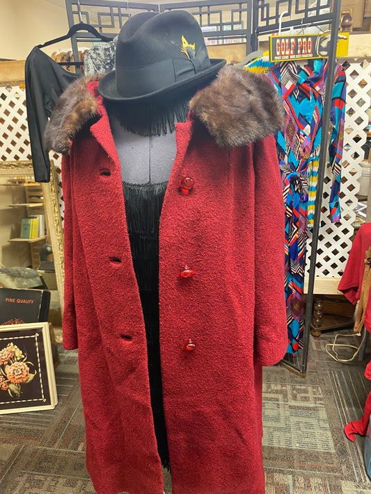 Red Wool Coat with Fur Collar